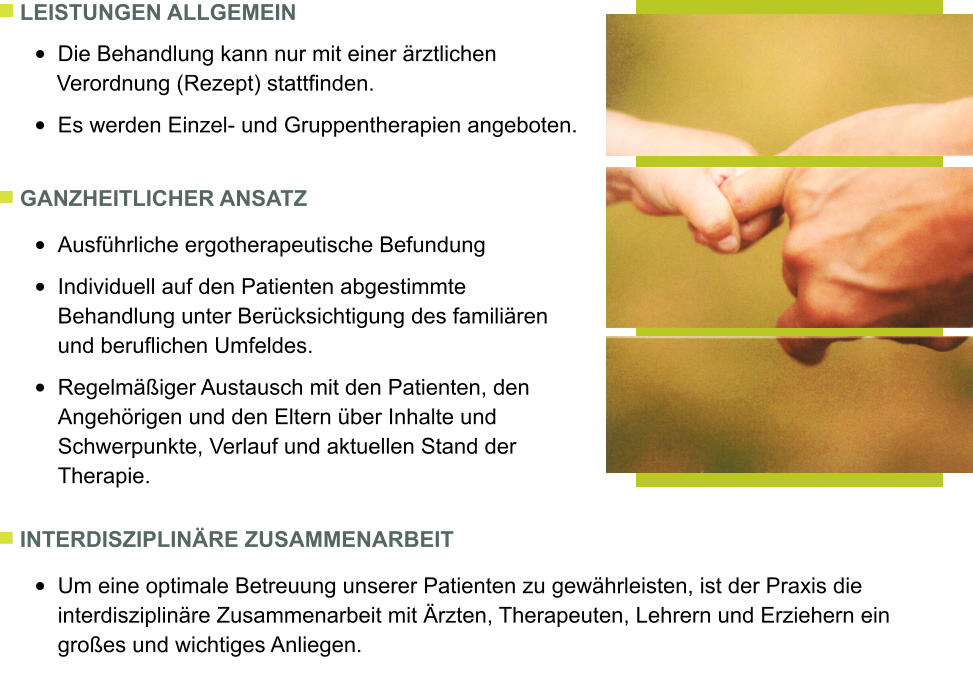 LEISTUNGEN ALLGEMEIN  	Die Behandlung kann nur mit einer rztlichen       Verordnung (Rezept) stattfinden.  	Es werden Einzel- und Gruppentherapien angeboten. GANZHEITLICHER ANSATZ  	Ausfhrliche ergotherapeutische Befundung  	Individuell auf den Patienten abgestimmte Behandlung unter Bercksichtigung des familiren und beruflichen Umfeldes.  	Regelmiger Austausch mit den Patienten, den Angehrigen und den Eltern ber Inhalte und Schwerpunkte, Verlauf und aktuellen Stand der Therapie.    INTERDISZIPLINRE ZUSAMMENARBEIT  	Um eine optimale Betreuung unserer Patienten zu gewhrleisten, ist der Praxis die interdisziplinre Zusammenarbeit mit rzten, Therapeuten, Lehrern und Erziehern ein groes und wichtiges Anliegen.